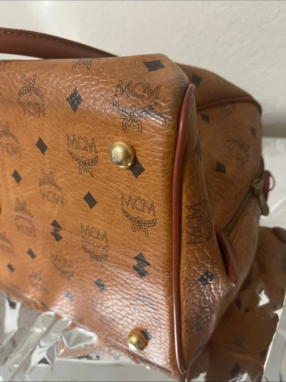 MCM Cognac Visetos Monogram Bag with Gold Hardware